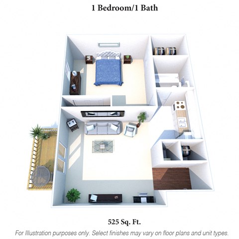 Floor plan for 1 bed, 1 bath, 525 sqft